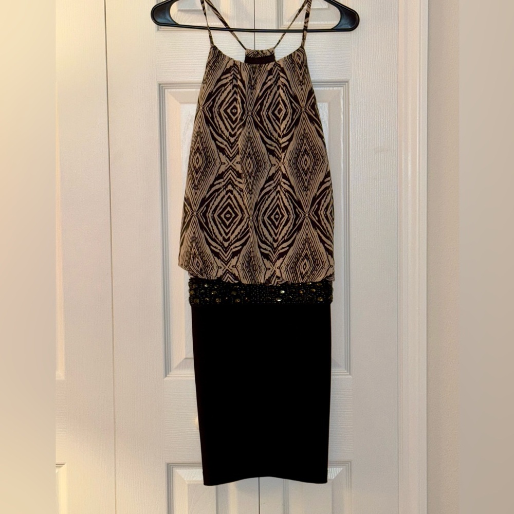 Bisou Bisou Black and Tan Mini Dress, T Back style, EUC